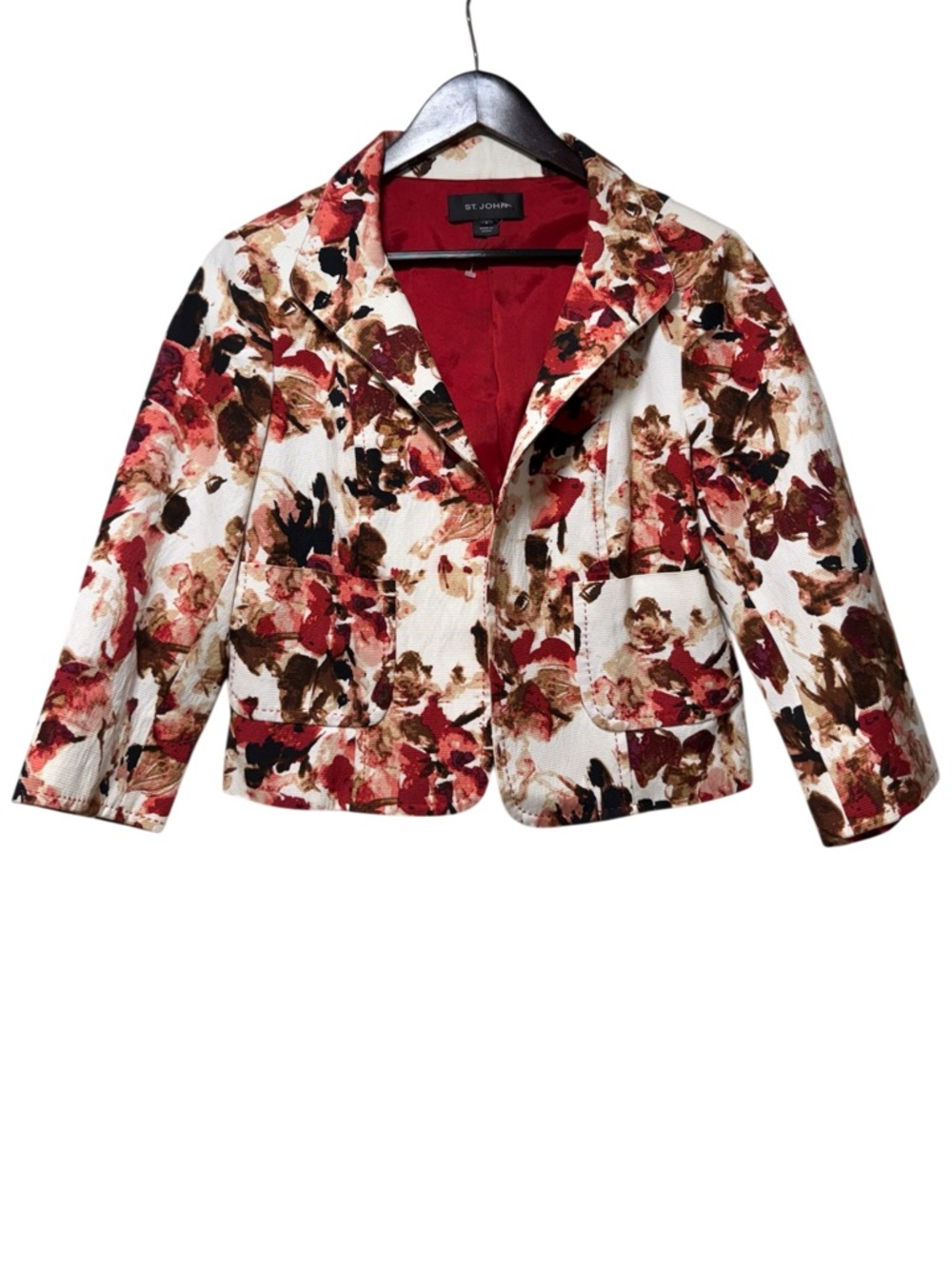 St. John Floral Cropped Blazer in Red, Brown & Cream
